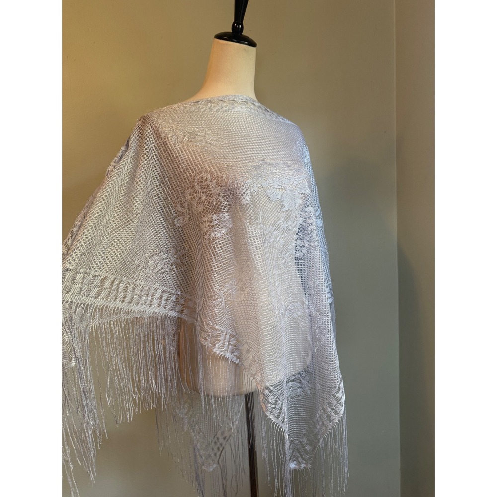 Silver Metallic Crochet Poncho Wrap Floral Lace Fringe Evening Shawl boho whimsi